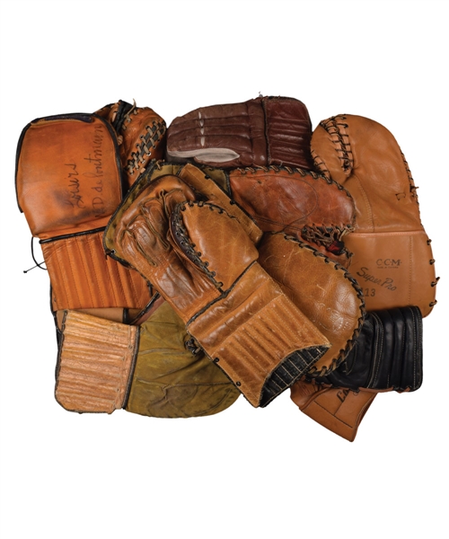 Vintage Goalie Glove and Blocker Collection of 13 with Gorgeous Pro-Style Spalding Ambidextrous Leather Goalie Gloves