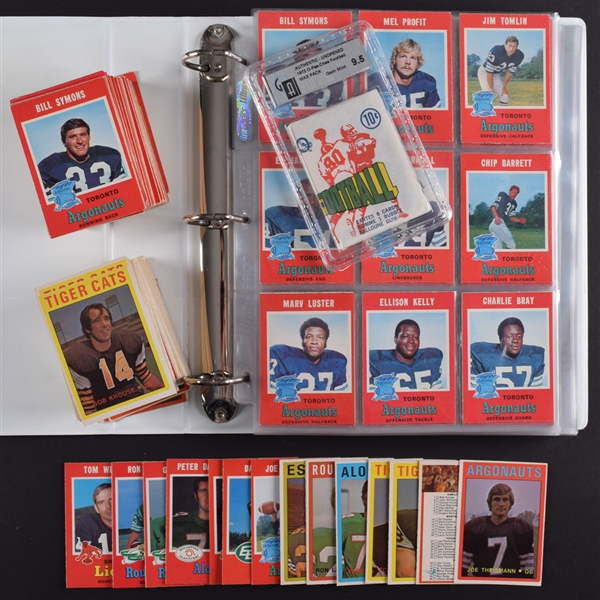 1972 O-Pee-Chee CFL Complete 132-Card Set and Extras (24) and Unopened Wax Pack Plus 1971 O-Pee-Chee CFL Near Set (131/132) and Extras (125+)