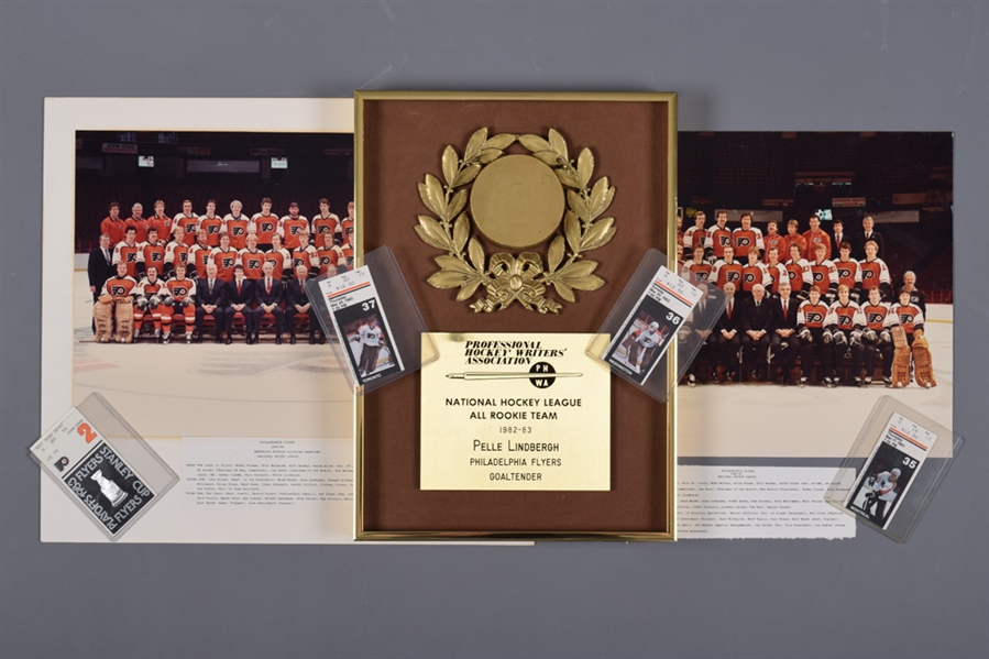 Pelle Lindberghs 1982-83 NHL All Rookie Team Trophy Plaque, 1982-83 and 1983-84 Team Photos and 1982-83 Tickets (4)