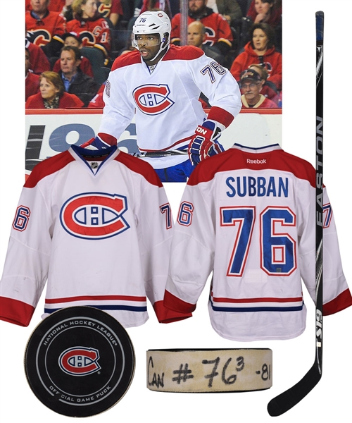 P.K. Subbans 2013-14 Montreal Canadiens Photo-Matched Game-Worn Jersey with Team LOA Plus Goal Puck and Easton Game-Used Stick