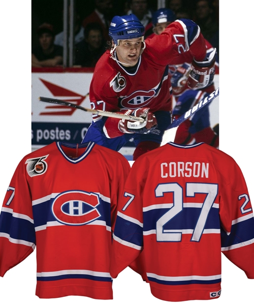 Shayne Corsons 1991-92 Montreal Canadiens Game-Worn Jersey - 75th Patch! - Team Repairs!
