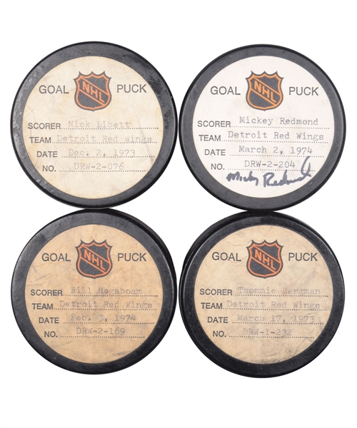 Detroit Red Wings 1972-74 Goal Pucks from the NHL Goal Puck Program (4) Including Redmond
