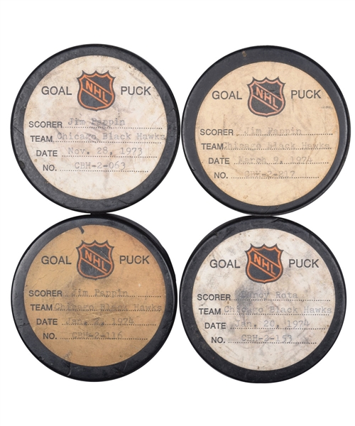 Chicago Black Hawks 1973-74 Goal Pucks from the NHL Goal Puck Program (4) Including Jim Pappin