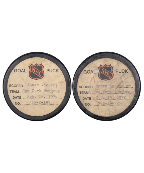 New York Rangers 1972-74 Goal Pucks from the NHL Goal Puck Program (2) - Vickers and MacGregor