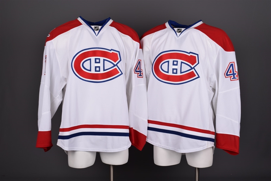 Marc Andre-Bergerons & Frederic St-Denis 2009-10 Montreal Canadiens Game-Issued Away Jerseys with Centennial Patches and Team LOAs
