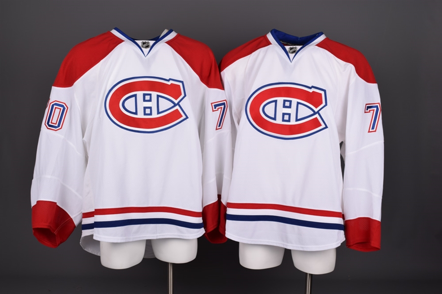Charles Hudons and Zach Fucales 2013-14 Montreal Canadiens Game-Issued Away Jerseys with Team LOAs
