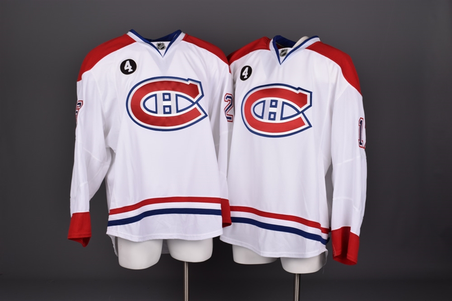 Jiri Sekacs and Eric Tangradis 2014-15 Montreal Canadiens Game-Issued Away Jerseys with Team LOAs - Beliveau Memorial Patches!