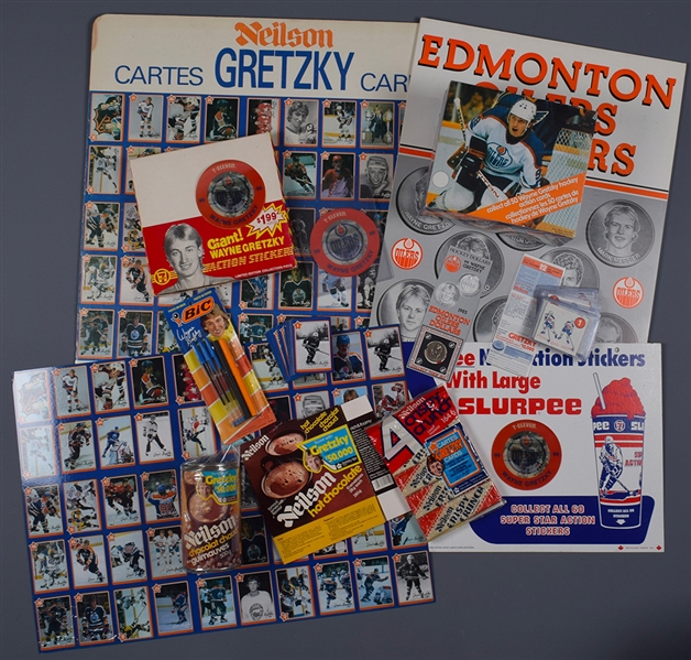 1980s Wayne Gretzky Neilson Promotional Items with Card Set, Original Product Box/Wrappers, Store Display Signs/Displays and More!