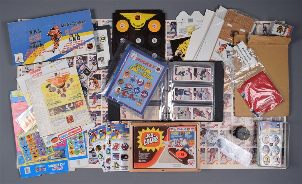 1980s/1990s Food Premium Collection with 1983-84 Vachon Complete Set plus Uncut Sheets, 1983-84 Funmate Puffy Stickers Full Display Box and More! 
