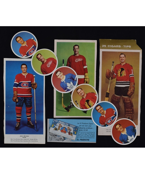1962-63 El Producto Set of 6 Hockey Coasters Plus Hall, Beliveau and Howe Cigar Box NHL Star Photos