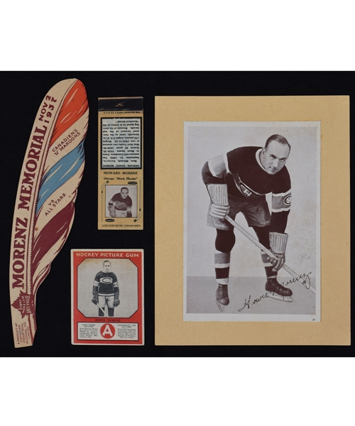 Howie Morenz 1930s Memorabilia and Card Collection with 1937 Howie Morenz Memorial Game Promotional Feather and 1933-34 Canadian Gum V252 Hockey Card