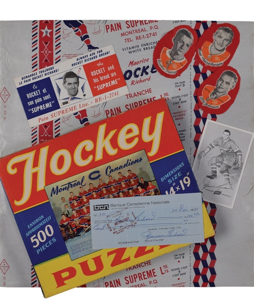 Maurice "Rocket" Richard 1950s Memorabilia Collection with 1953-54 Canadiens Puzzle, Dixon Pencil, Triple-Signed Check, Supreme Bread Blotter and Bread Wrapper and Much More!