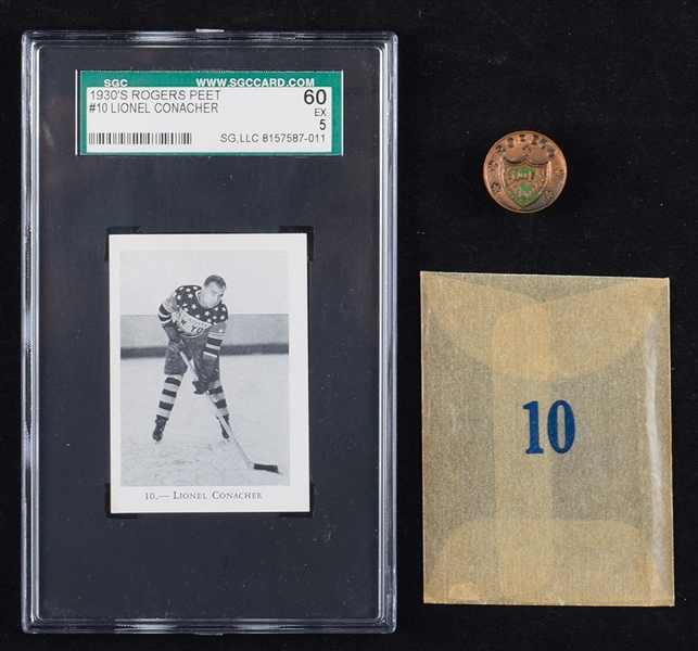 1929-30 Rogers Peet #10 Lionel Conacher SGC-Graded Hockey Stamp/Card with Envelope Plus Club Pin