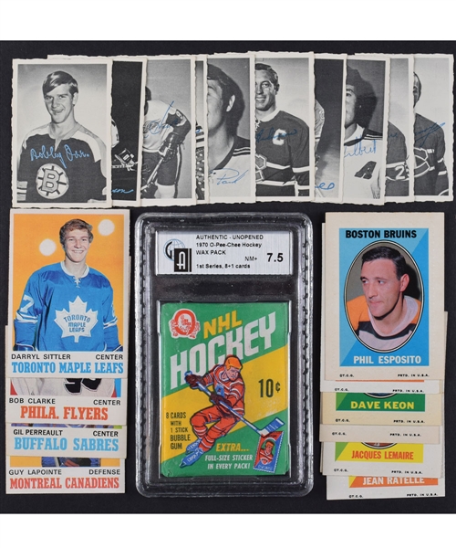 1970-71 O-Pee-Chee Hockey Wax Pack, Deckle Edge and Stamp Stickers Plus Perreault, Clarke and Sittler Rookie Cards