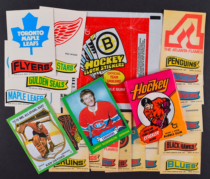 1974-75 Topps Cloth Stickers Near Set (18/24) and Extras (11), 1973-74 Topps Hockey Wax Pack, Robinson RC Card and More!