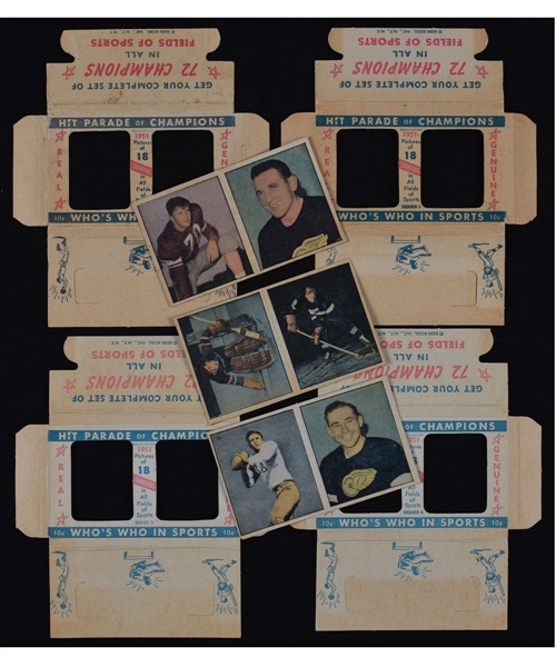 1951 Berk Ross "Hit Parade of Champions" Two-Card Panels (3) Including 4-Card Hockey Set with Durnan RC Plus Wrapper Boxes (4)