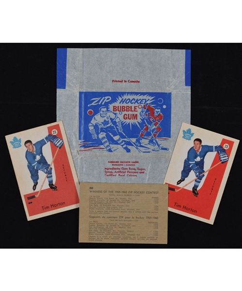 1959-60 Parkhurst Hockey Zip Wrapper, Zip Hockey Contest Winners Card and #23 Tim Horton Cards (2)