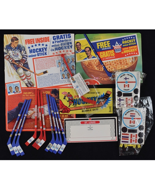 1970-71 Post Hockey Mini-Sticks Collection with 10-Stick Set and Cereal Box Ads (2), 1973-74 Post Tournament of Nations Sealed Game Pieces (2) and Circa 1974 Swell Stick and Puck Game Wrapper