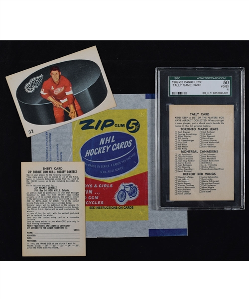 1962-63 Parkhurst Hockey Card Wrapper, Tally/Checklist and Zip Contest Cards Plus #32 Delvecchio Card