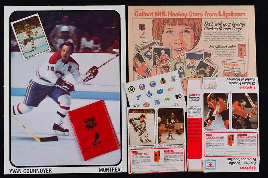 1974-75 Lipton Soup Hockey Card and Memorabilia Collection with Cournoyer Display Sign, Box with Uncut Dryden/MacLeish Cards and More!
