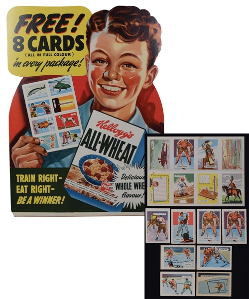 1946 Kelloggs All-Wheat "Series 2" Store Display Sign, 8-Card Uncut Sheet and Other Cards (8) with Hockey Ones