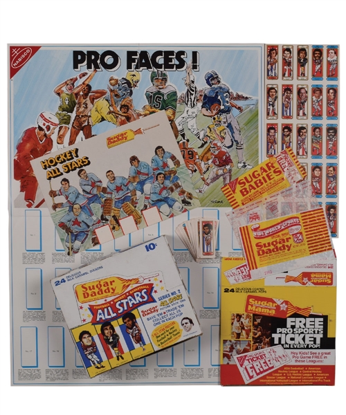 1973-77 Nabisco Sugar Daddy Pro Faces Master Collection with 1974-75 Set and Uncut Sheet, 1974-75 and 1976-77 Wrappers and Boxes Plus Much More!