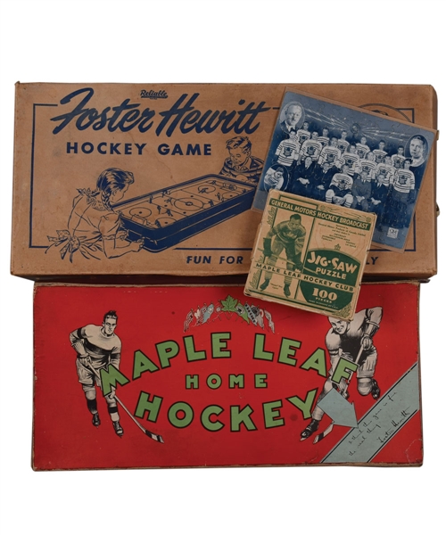 Toronto Maple Leafs Memorabilia Collection with 1933-34 Canadian Chewing Gum Maple Leaf Home Hockey Board Game, 1931-32 Puzzle, Foster Hewitt Table Top Hockey Game and More!