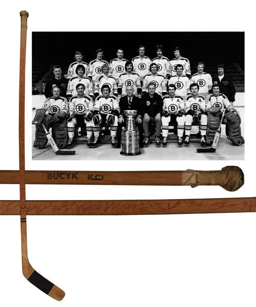 Johnny Bucyks 1971-72 Stanley Cup Champions Boston Bruins Game-Used Team-Signed Stick including Orr, Bucyk, Esposito and Cheevers with PSA/DNA LOA