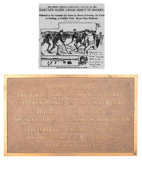 Commemorative Bronze Plaque for 1898 Harvard vs Brown First Game of Intercollegiate Hockey Played in United States (11" x 17 1/2")