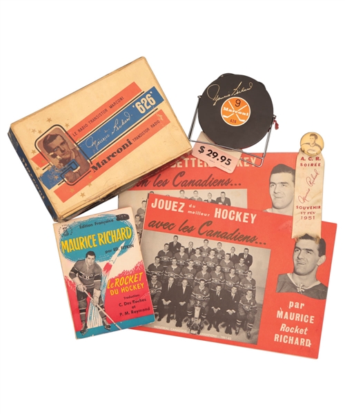 Vintage Maurice Richard Montreal Canadiens Memorabilia Collection with 1951 Maurice Richard Night Pin with Ribbon and 1960s Marconi Puck-Shaped Transistor Radio Box