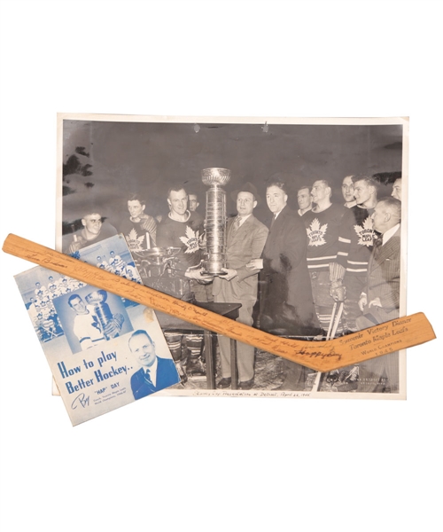 Toronto Maple Leafs 1944-45 Stanley Cup Champions Team-Signed Mini-Stick Plus Original 1945 Stanley Cup Photo and Late-1940s Quaker Oats Booklet