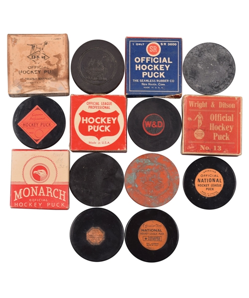Vintage Hockey Puck Collection of 9 Including Draper Maynard (D&M), Wright & Ditson and Others with Boxes
