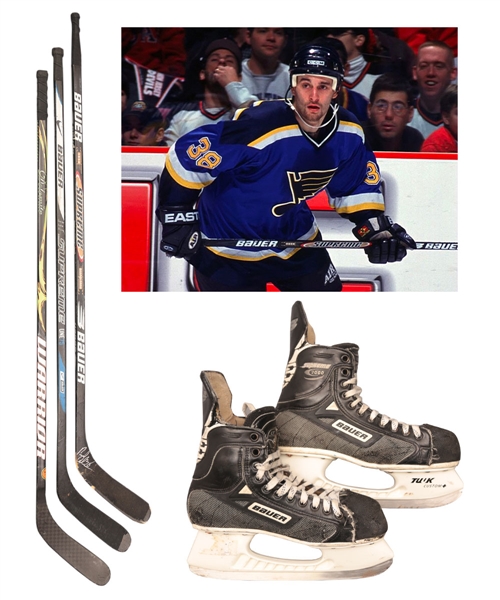 Pavol Demitras Late-1990s St. Louis Blues Bauer Supreme Game-Used Skates Plus Bauer and Warrior Game-Used Sticks (3)