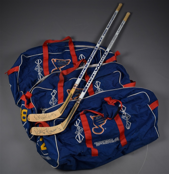 Al MacInnis Mid-1990s St-Louis Blues Signed Sher-Wood Game-Used Sticks (2) and Equipment Bag Plus 2 Others