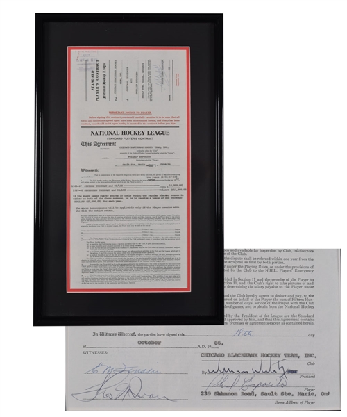 Phil Espositos 1966-67 Chicago Black Hawks Official NHL Contract Signed by Esposito, Campbell, Ivan and Wirtz