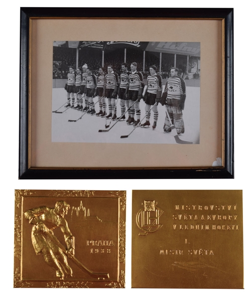 Gordon Bruces 1938 IIHF World Championships Team Canada Gold Medal and Sudbury Wolves Team Photo - Won Championship!