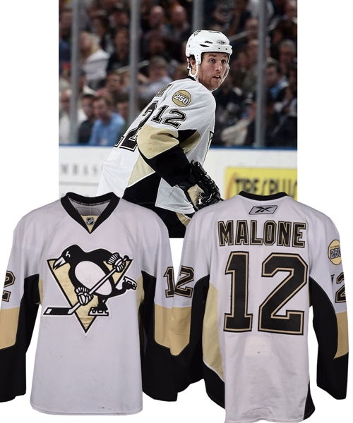 Ryan Malones 2007-08 Pittsburgh Penguins Game-Worn Jersey - Team Repairs! - 250th Patch! - Photo-Matched!