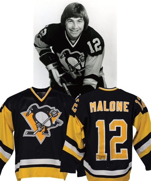 Greg Malones 1979-80 and 1980-81 Pittsburgh Penguins Game-Worn Jersey - Team Repairs! - Photo-Matched!