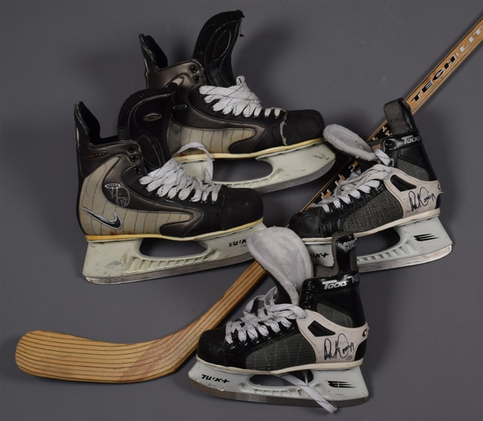 Rob DiMaios and Kyle McLarens Late-1990s Boston Bruins Game-Used Stick/Skates Collection