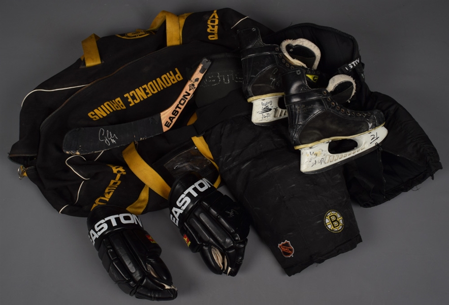 Sergei Samsonovs Late-1990s Boston Bruins Game-Used Skates, Gloves, Pants and Stick Blade - All Signed!