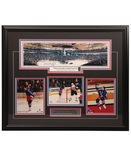 Wayne Gretzky New York Rangers Signed "Final Farewell" Framed Display with WGA COA Plus Messier/Leetch Dual-Signed and Lundqvist Signed Framed Photos with Steiner COAs