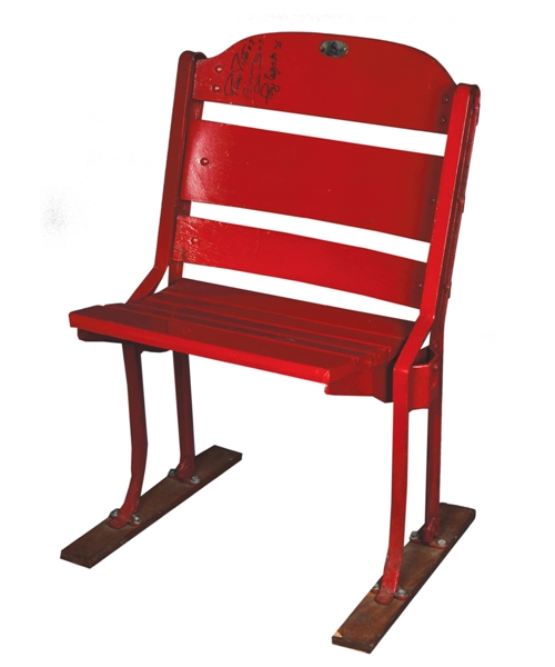 Chicago Stadium Red Single Seat Signed by Tony Esposito, Bobby Hull and Pierre Pilote