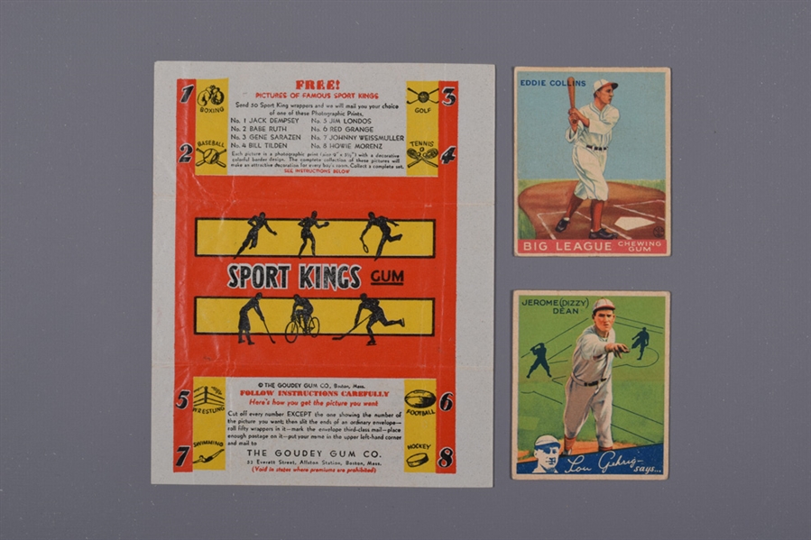 World Wide Gum Baseball (Canadian Goudey) 1933 #42 Eddie Collins and 1934 #55 Dizzy Dean Plus 1933 Goudey Sport Kings Wrapper