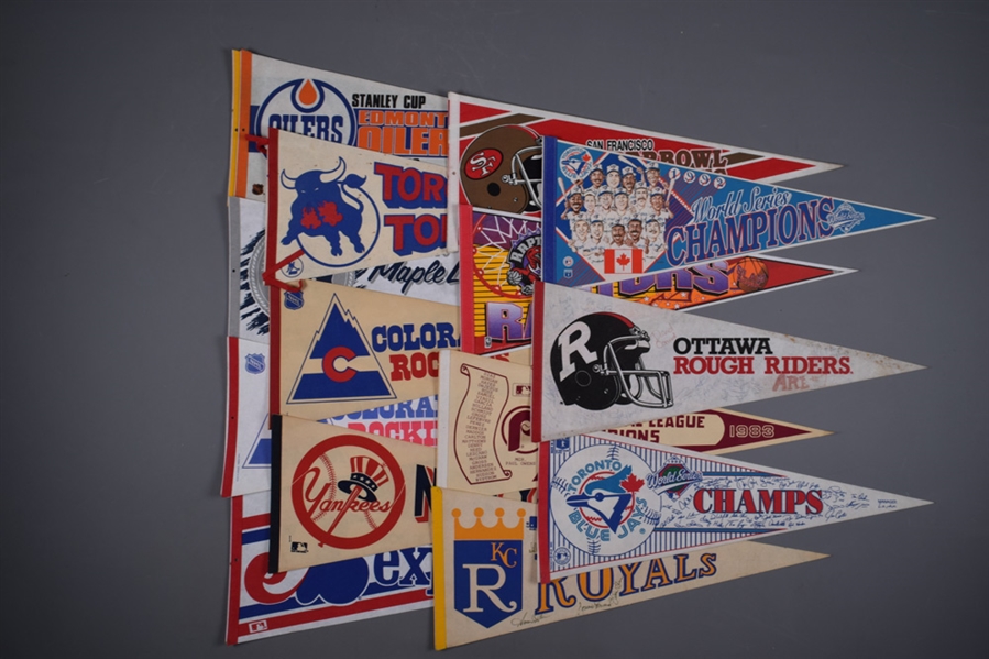 1970s/1990s NHL, MLB and CFL Pennant Collection of 39 with Many Signed Examples