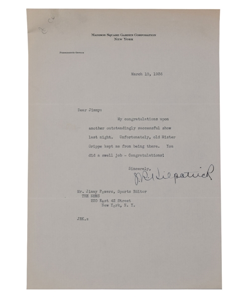 HOFer John Reed Kilpatrick Signed 1936 Typed Letter on Madison Square Gardens Corporation Letterhead