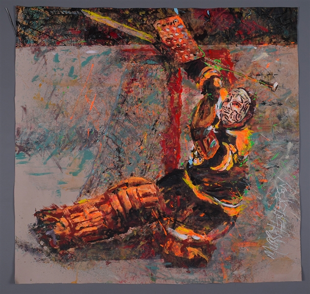 Gerry Cheevers Boston Bruins Original Painting on Canvas by Renowned Artist Murray Henderson (34” x 35”) 