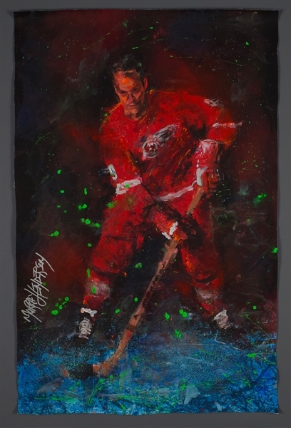 Gordie Howe Detroit Red Wings "Full Portait" Original Painting on Canvas by Renowned Artist Murray Henderson (23" x 35") 
