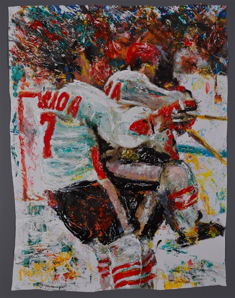 Paul Henderson and Phil Esposito 1972 Canada-Russia Series "The Goal" Original Painting on Canvas by Renowned Artist Murray Henderson (17 ½” x 23 ½”) 
