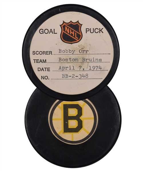 Bobby Orrs Boston Bruins April 7th 1974 Goal Puck from the NHL Goal Puck Program - Game-Winning Goal! - Orrs Last Goal of Regular Season! - 32th Goal of Season / Career Goal #213