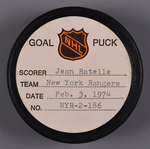 Jean Ratelles New York Rangers February 3rd 1974 Goal Puck from the NHL Goal Puck Program - 20th Goal of Season / Career Goal #287